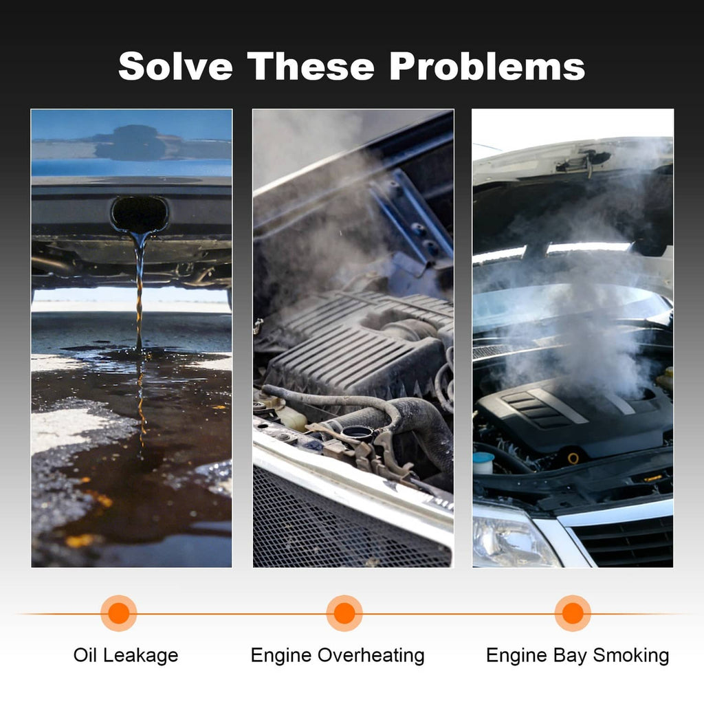 Black valve cover shown with icons for oil leakage, overheating, and engine bay smoking.