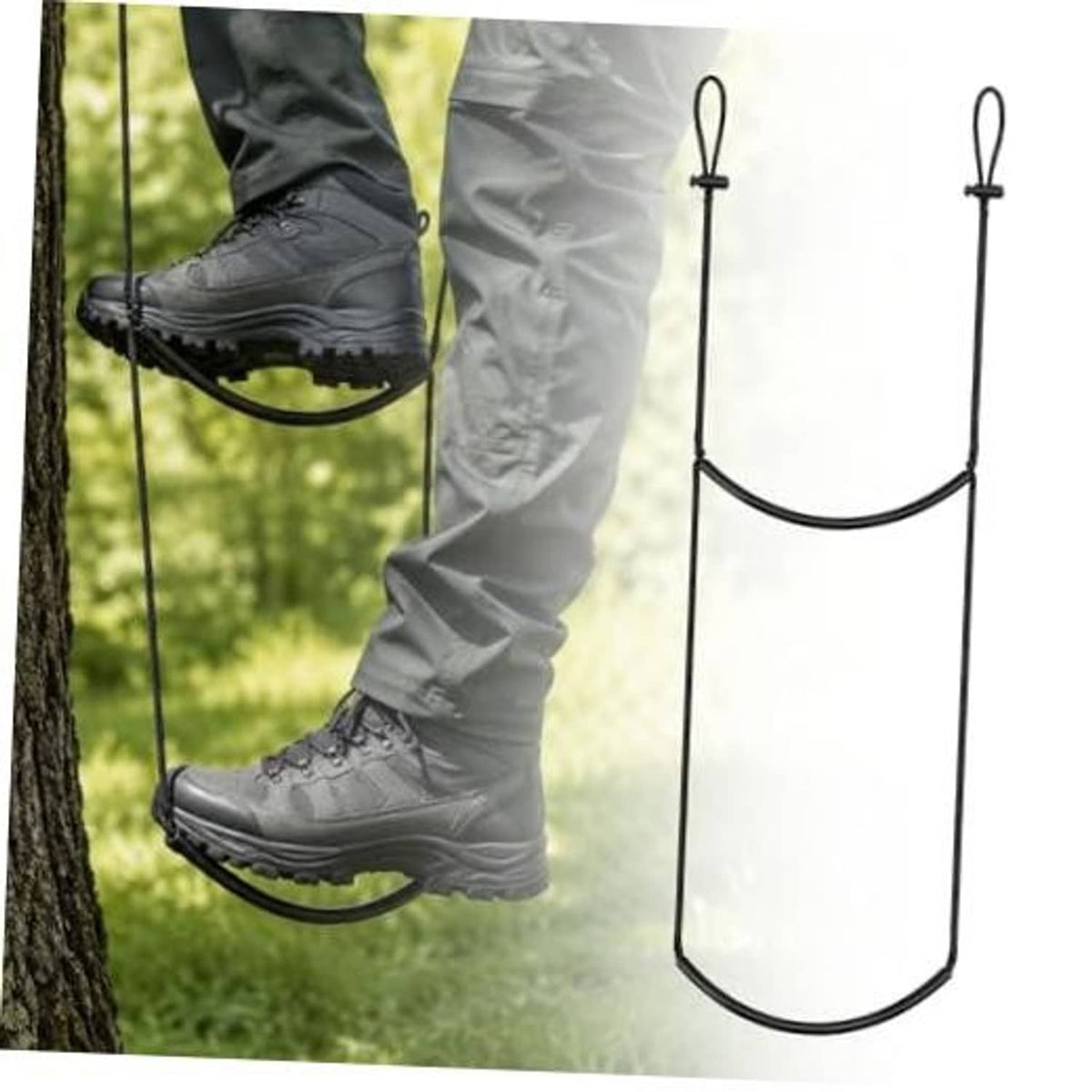 Rope ladder step with black straps and gray boot on a tree trunk