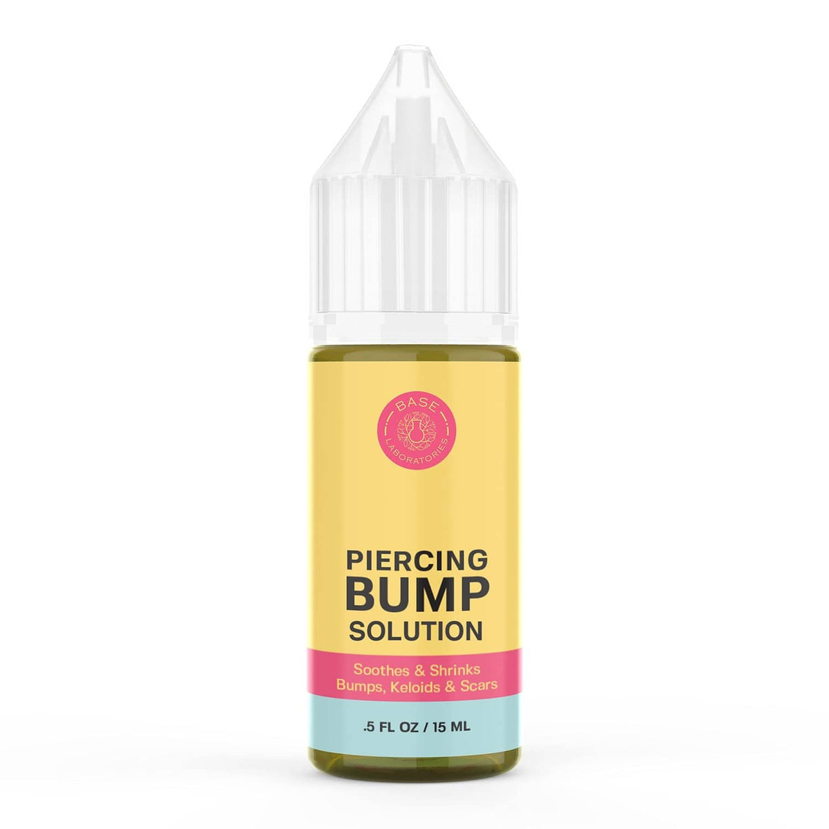 Piercing bump solution bottle with yellow liquid and white flip-top nozzle.