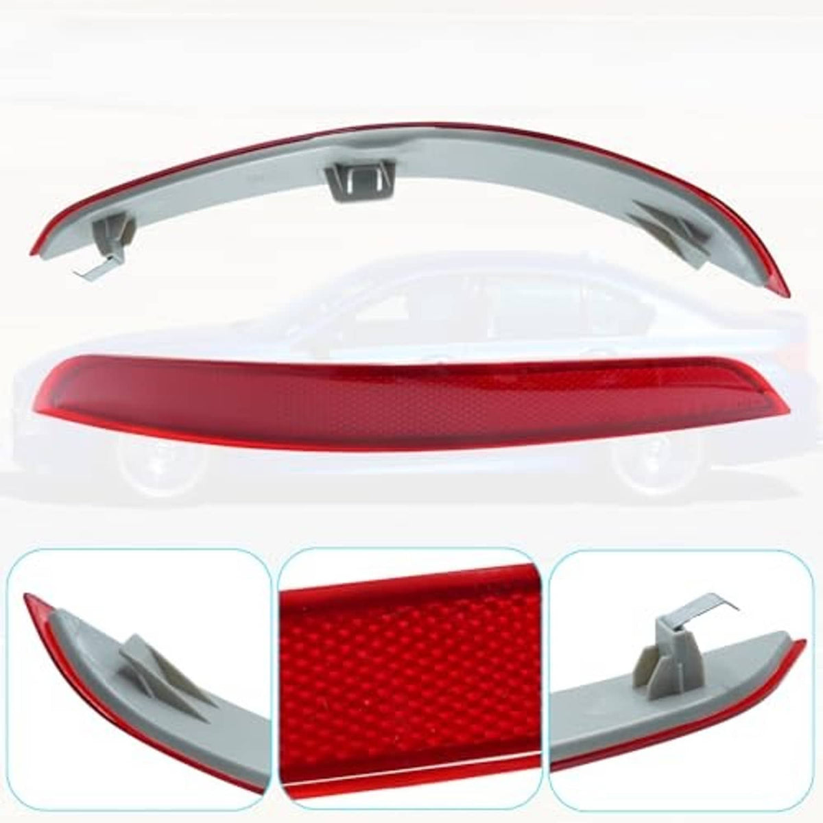 Red rear bumper reflector light with gray housing and side mounting clips