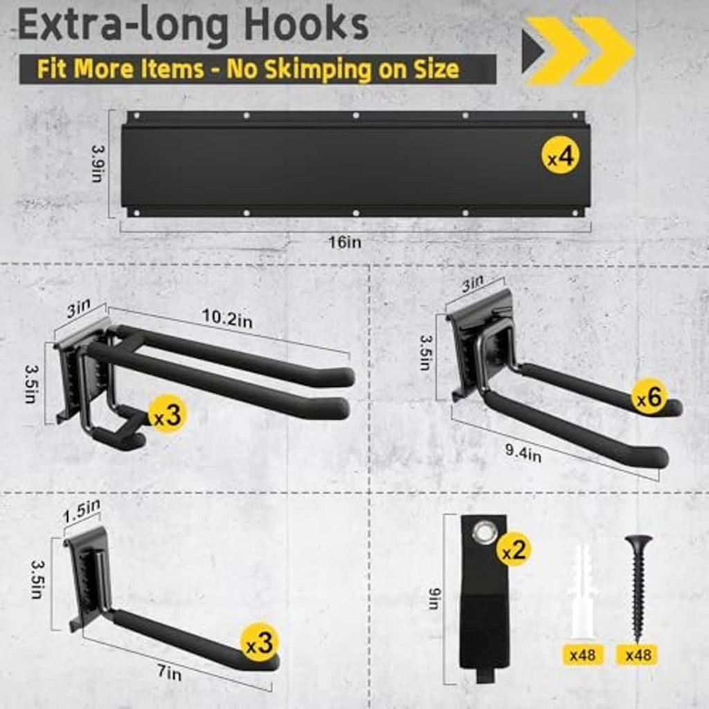 Wall-mounted steel tool organizer hooks with measured mounting holes and fastener pairs