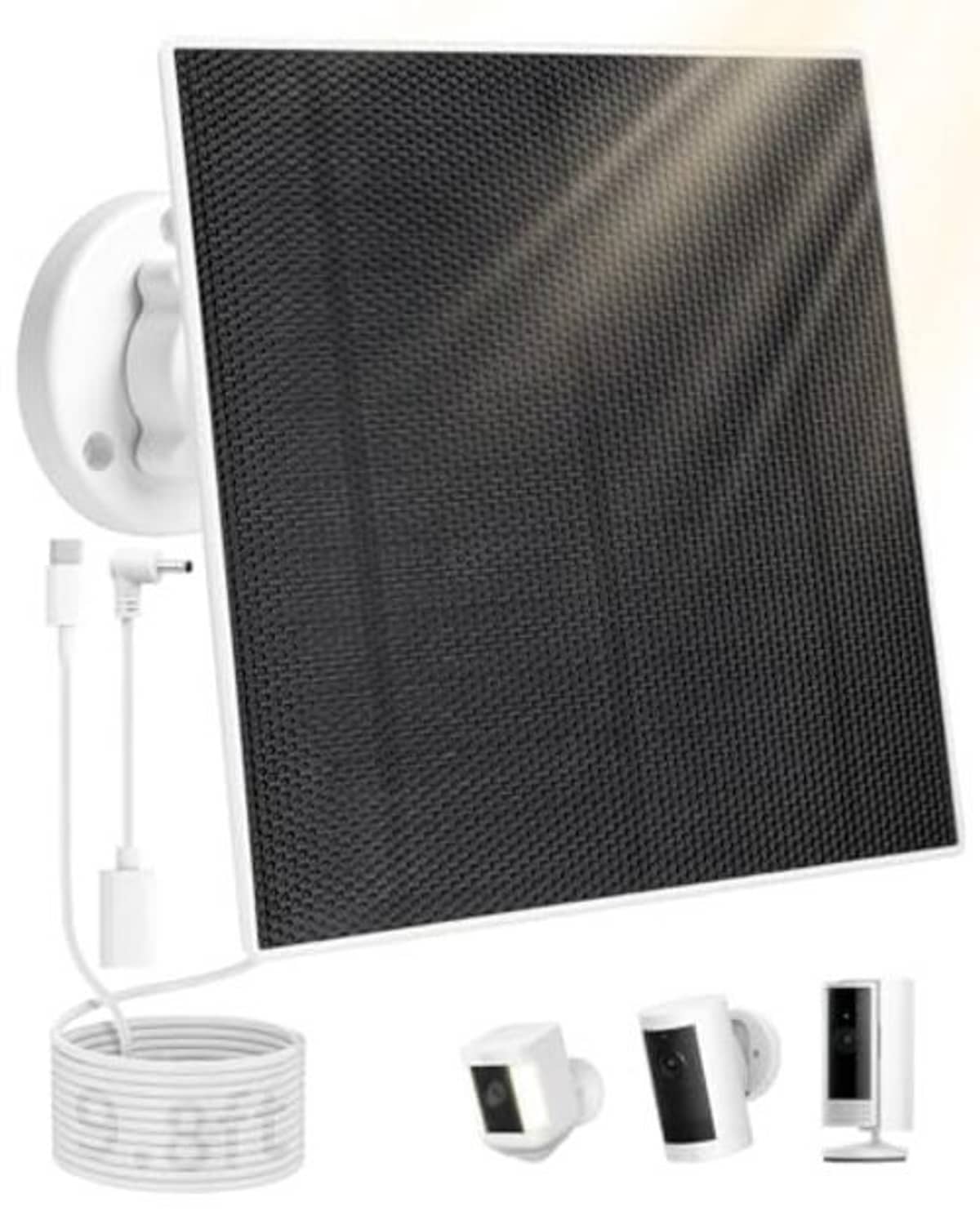Square dark solar panel with wall bracket, coiled cable, and charging plugs