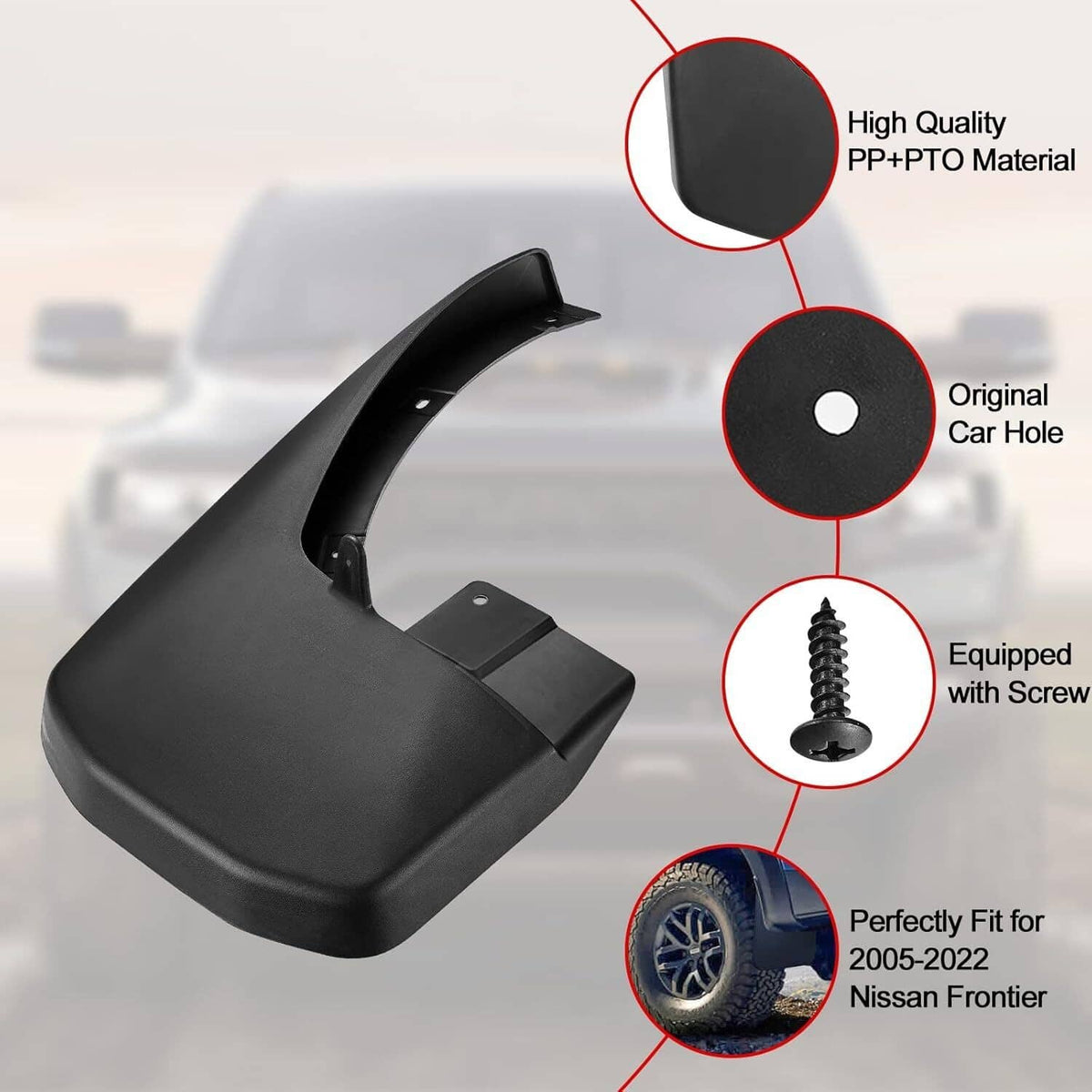 Black front mud flap with mounting hole and included screw for installation