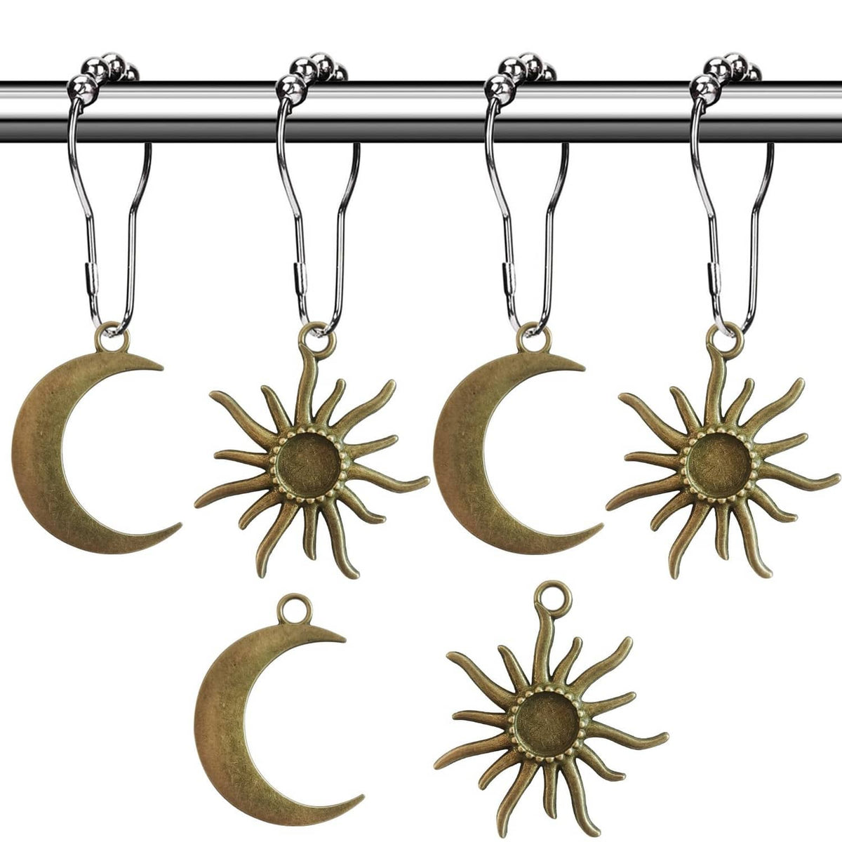 Metal shower curtain rings with beaded tops and sun and moon charm hooks