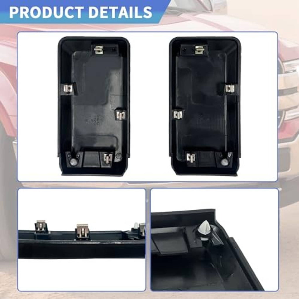 Back view of two black bumper end cover pieces with mounting clips and cavities