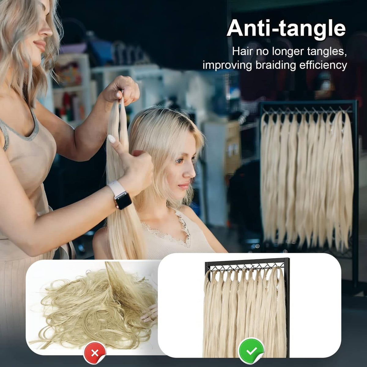 Black braiding hair rack with hanging hair strands and drawer storage, anti-tangle use