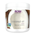 NOW Solutions coconut oil jar with front label and coconut halves on white container
