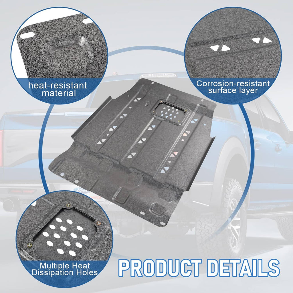 Dark gray transmission skid plate with perforated vent insert and multiple heat openings