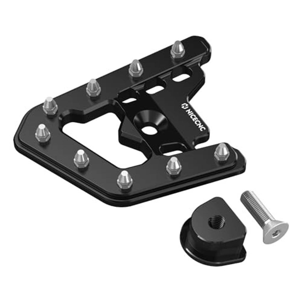 Black brake pedal extender with bolt heads and included mounting stud and base.