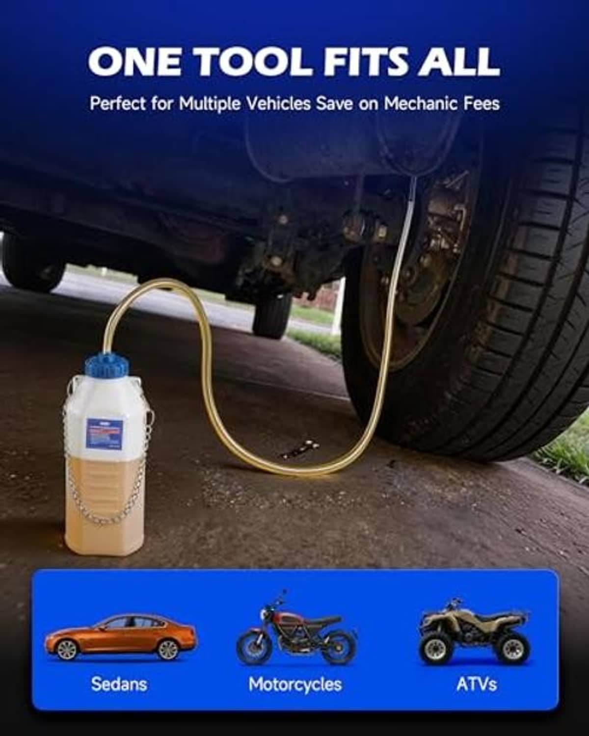 Brake bleeder kit with bottle and long hose connected near vehicle brake area