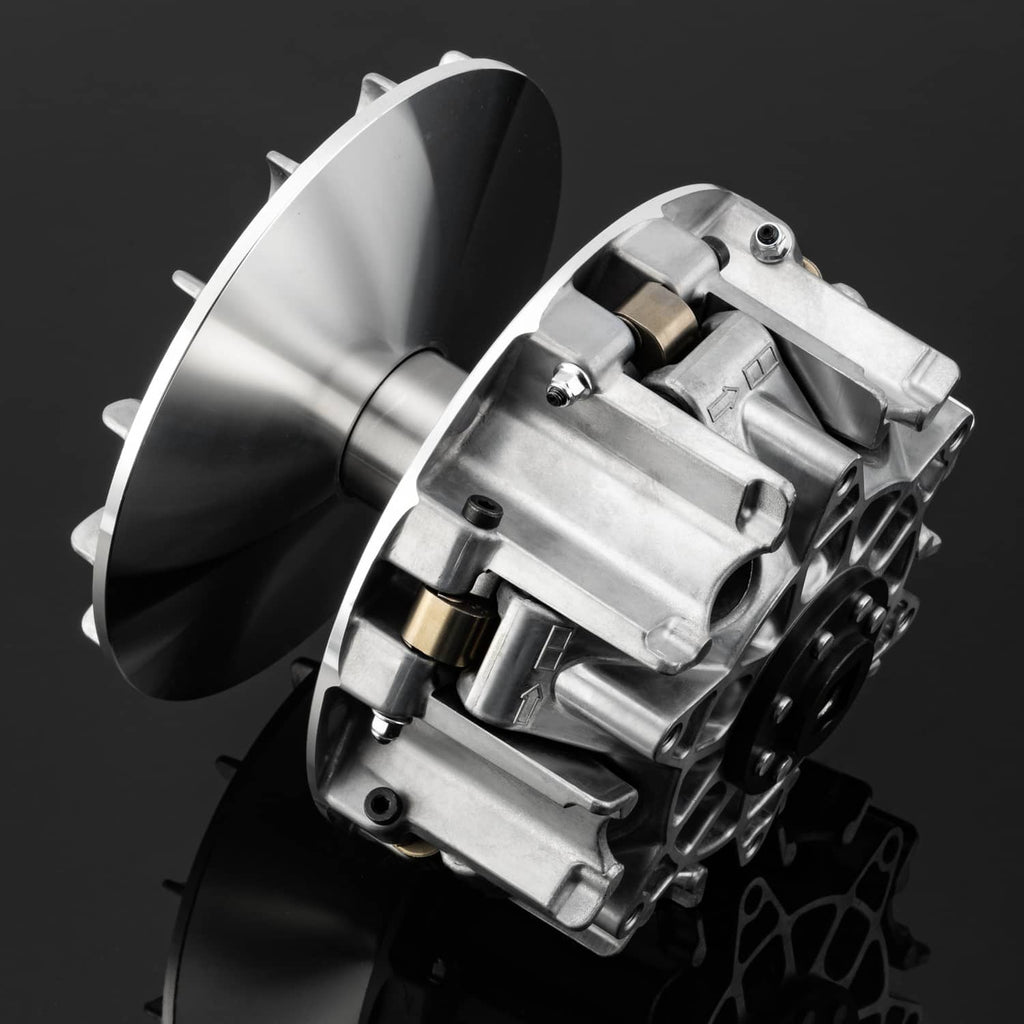CVT drive clutch assembly with exposed metal linkage and side pulley cover