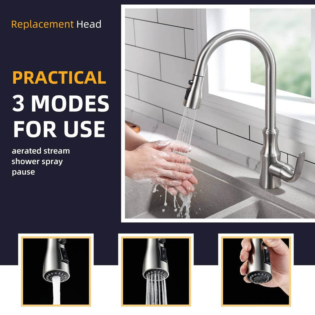 Brushed nickel kitchen faucet with angled sprayer and water flow over sink