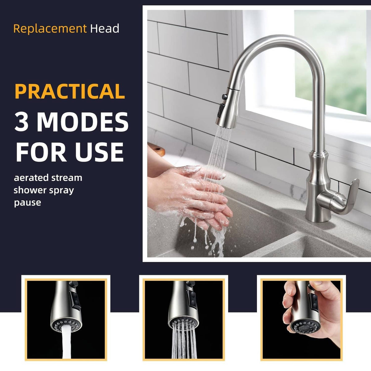 Brushed nickel kitchen faucet with angled sprayer and water flow over sink