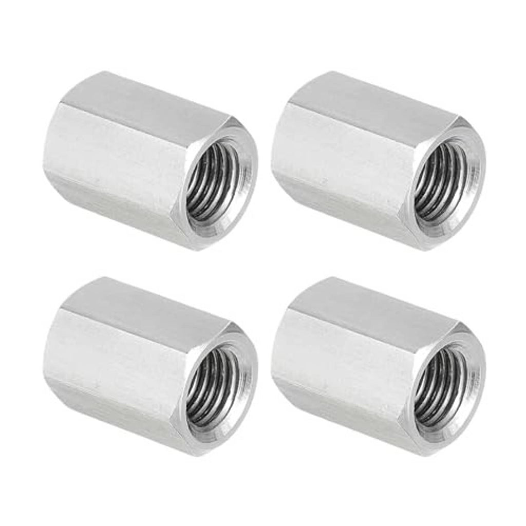 4 stainless steel hex coupling nuts, compact hex bodies with visible internal threads