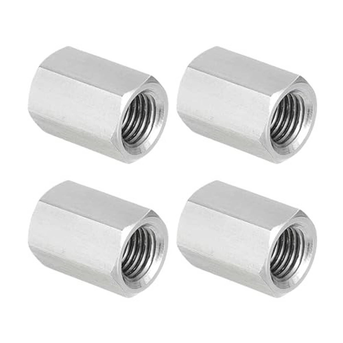 4 stainless steel hex coupling nuts, compact hex bodies with visible internal threads