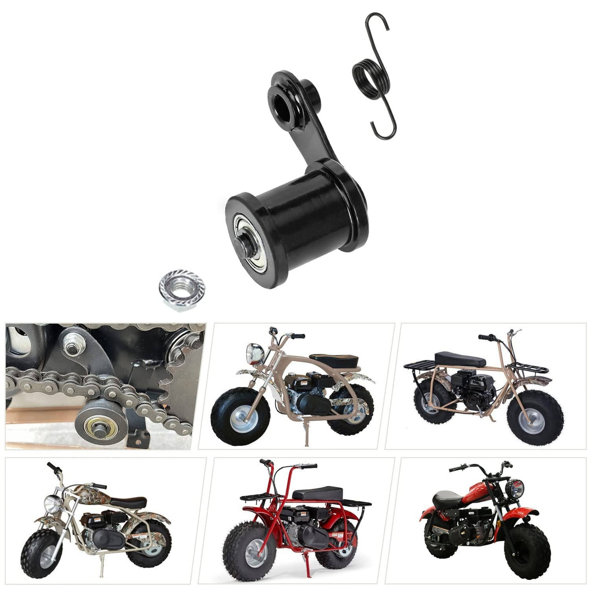 Mini bike chain tensioner kit parts: black roller, spring clip, and metal nut
