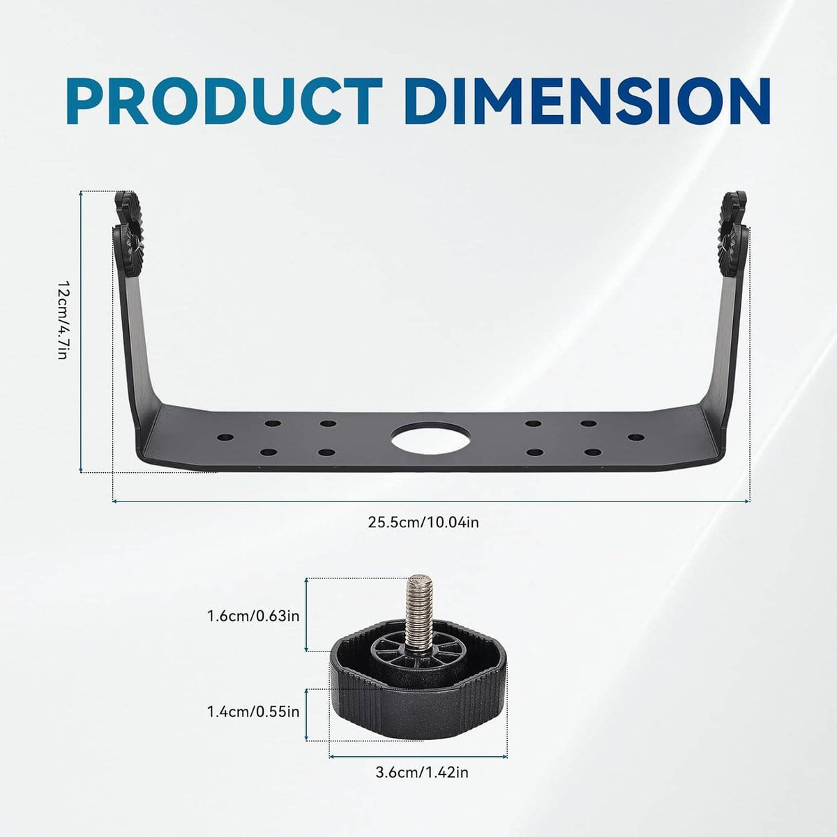 Black gimbal bracket mount with mounting plate and included knob with threaded bolt