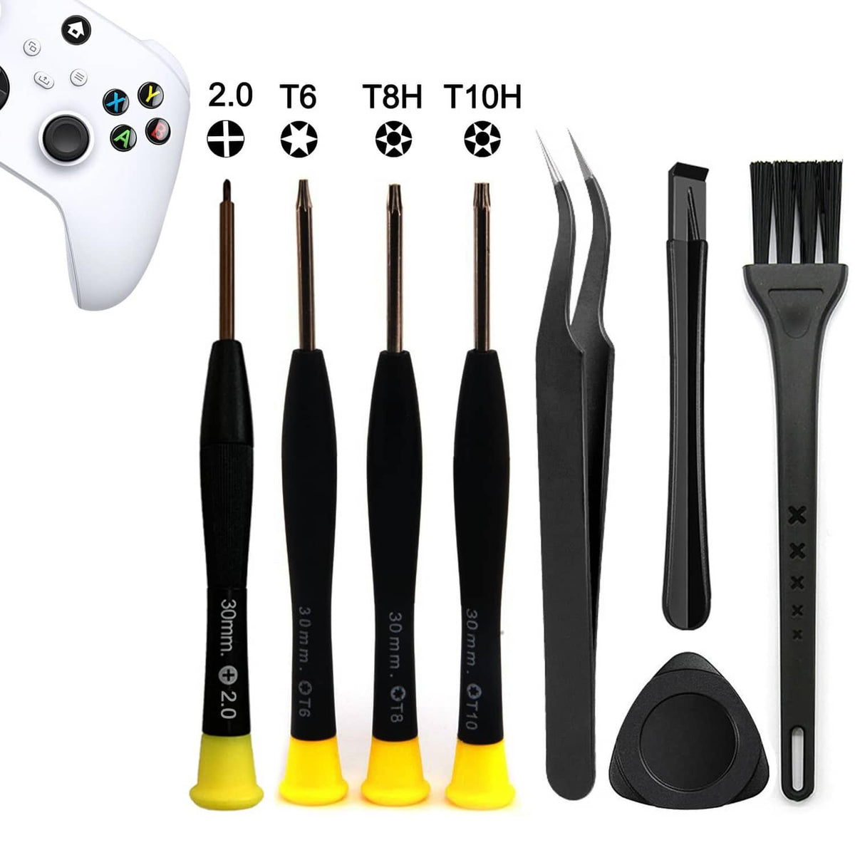 8-piece repair tool kit with black handles, metal pry tools, screwdriver tips, brush