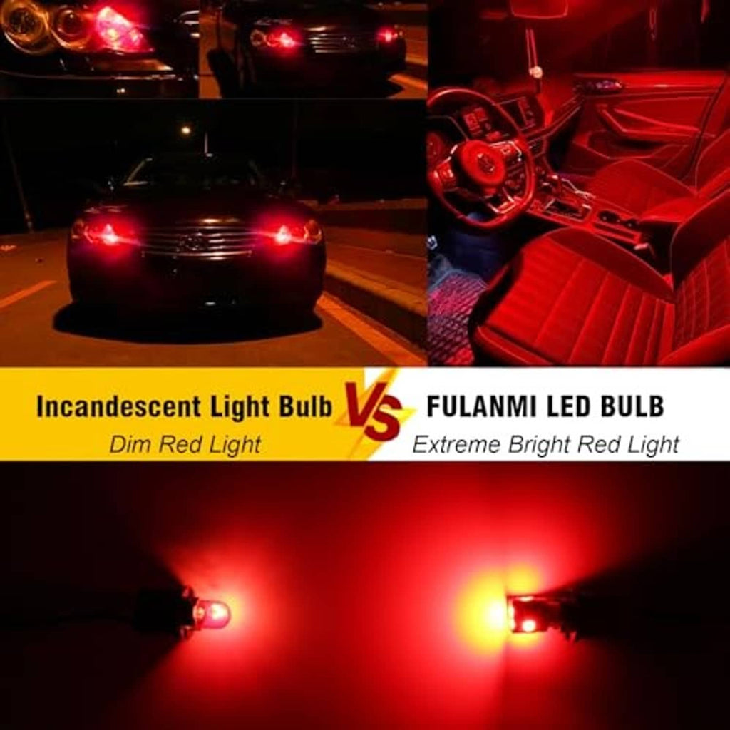 Red T10 wedge LED bulb glowing intensely compared with a dimmer bulb