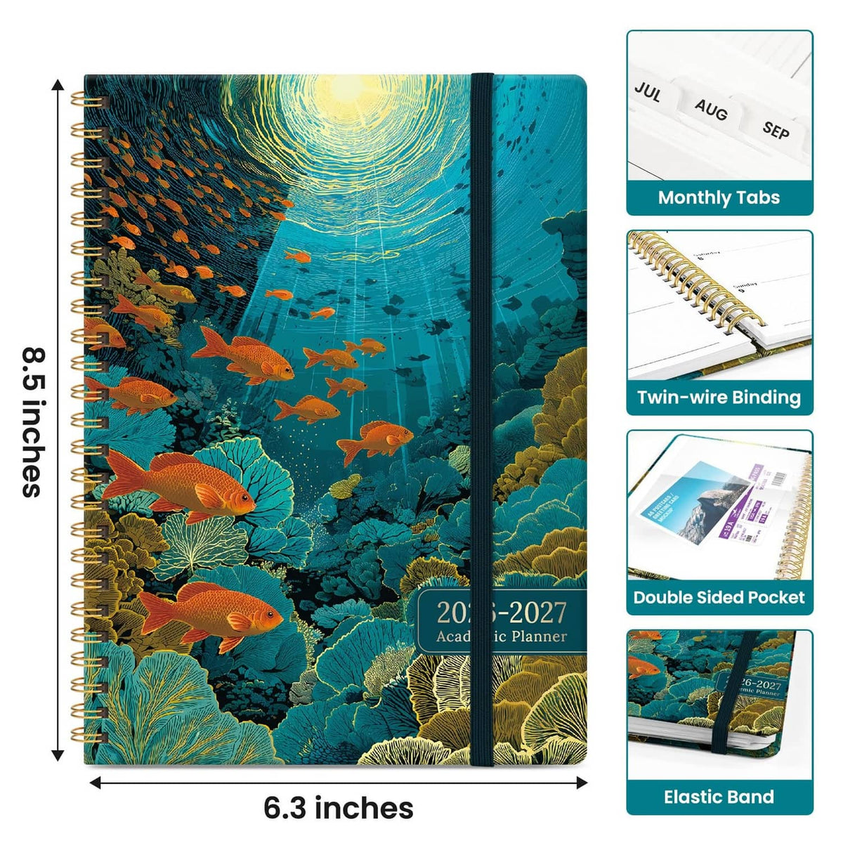 6.3"x8.5" spiral planner with elastic band, double-sided pocket, and twin-wire binding