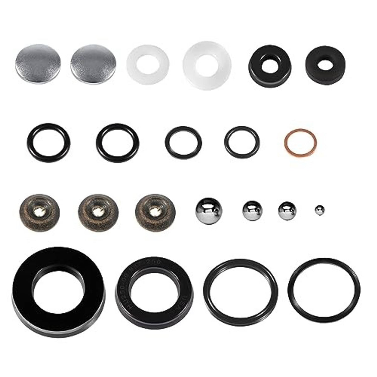 Floor jack seal kit with black and white spacers, metal plugs, and small O-rings