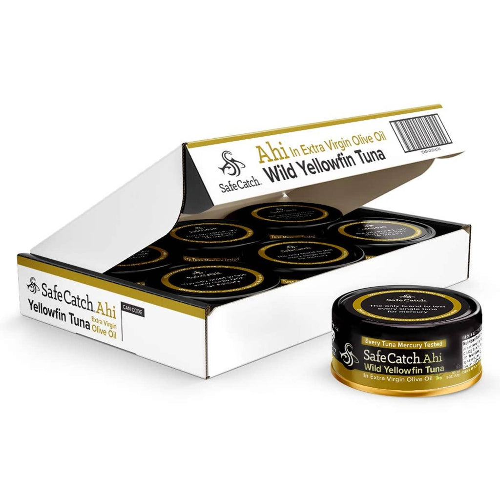 Canned yellowfin tuna multipack box with opened top and several mini cans, olive-oil label