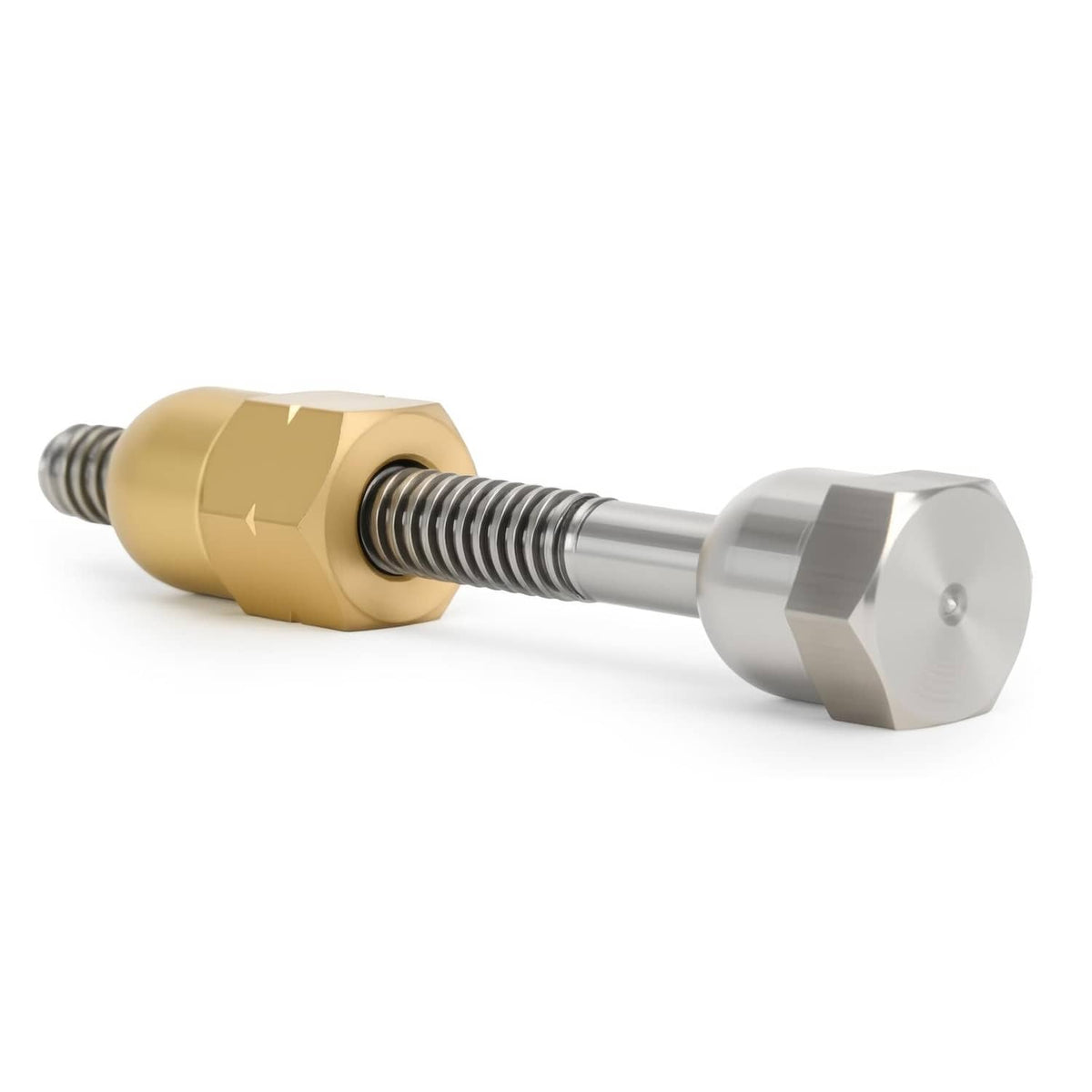 Brass clamp nut and stainless bolt with hex head, angled close-up