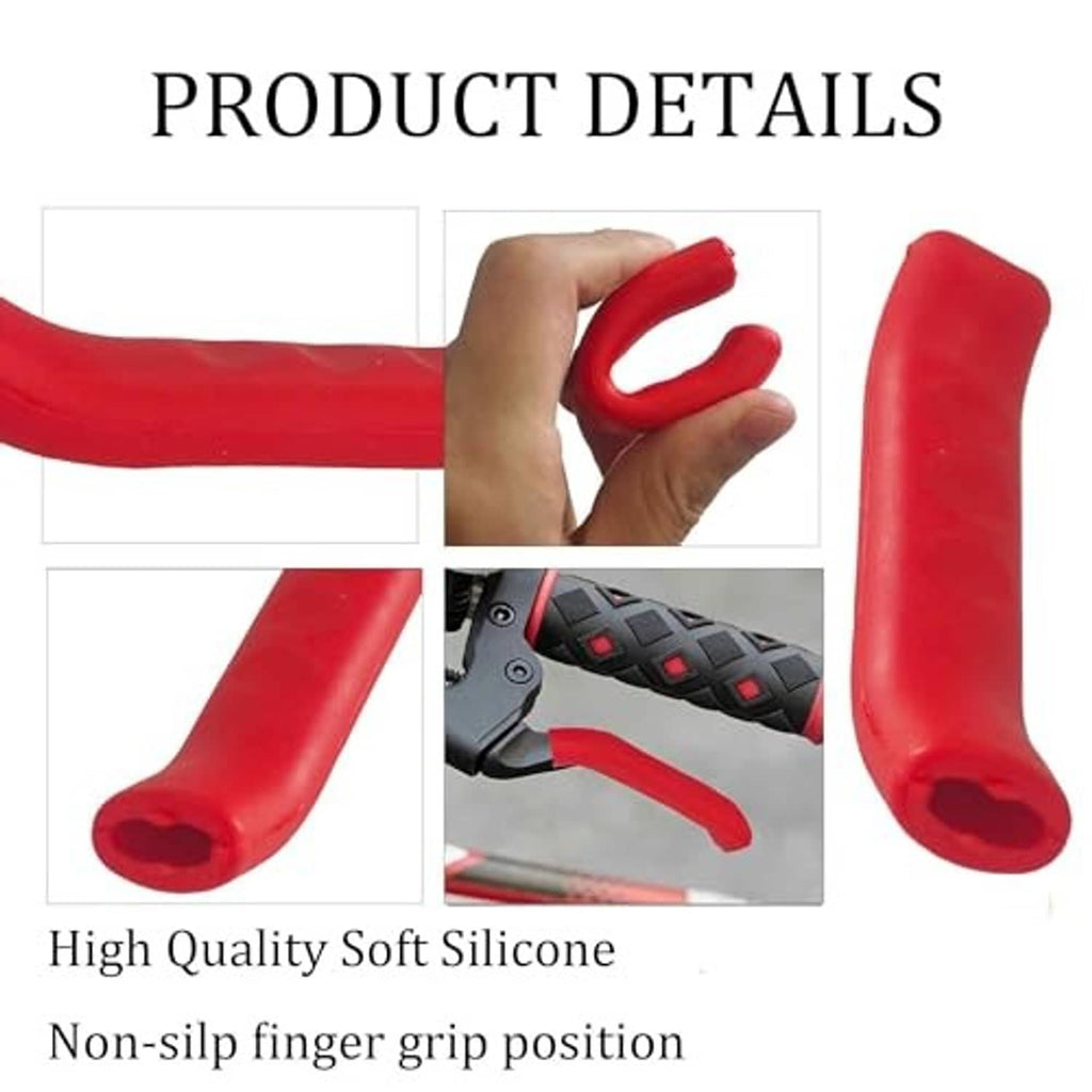 Red silicone bicycle brake lever grip covers shown in detail and hand fit