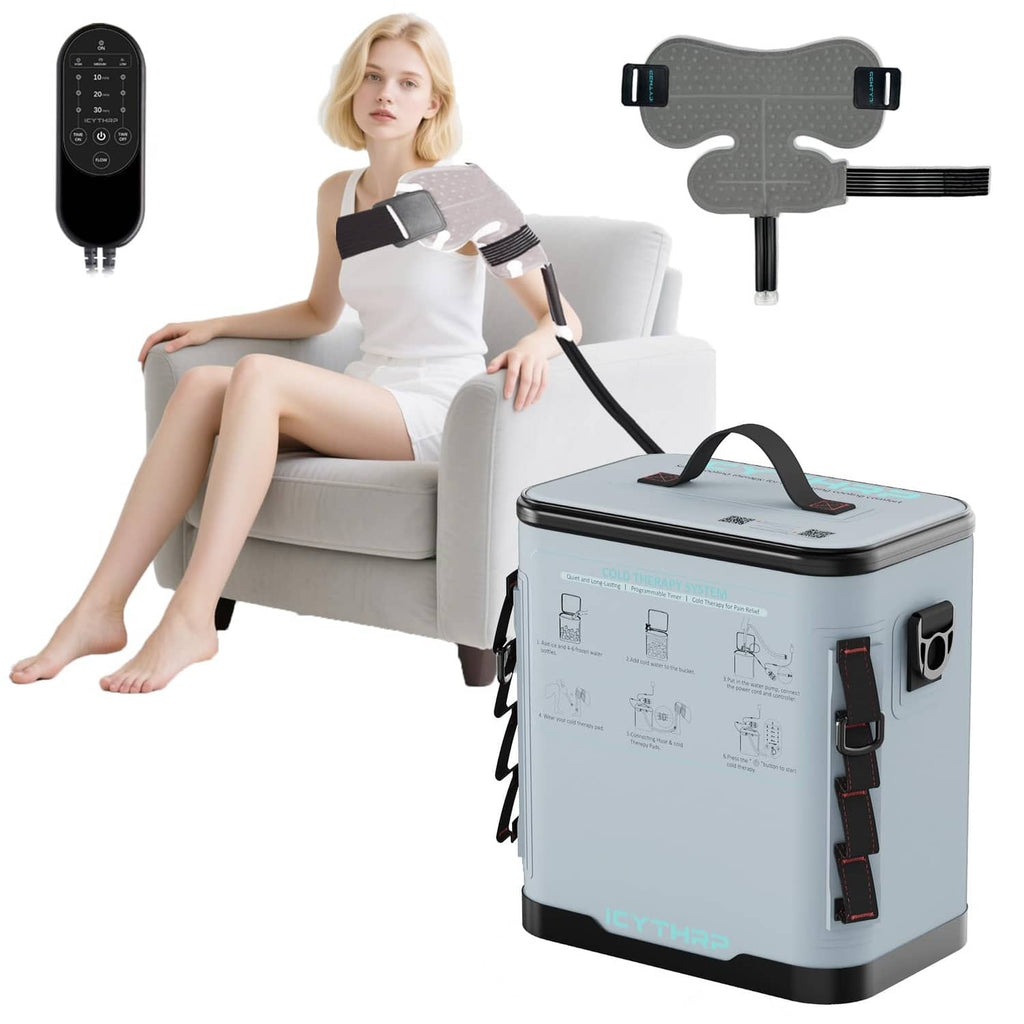 Portable cold therapy machine with shoulder pad and connecting hose, gray