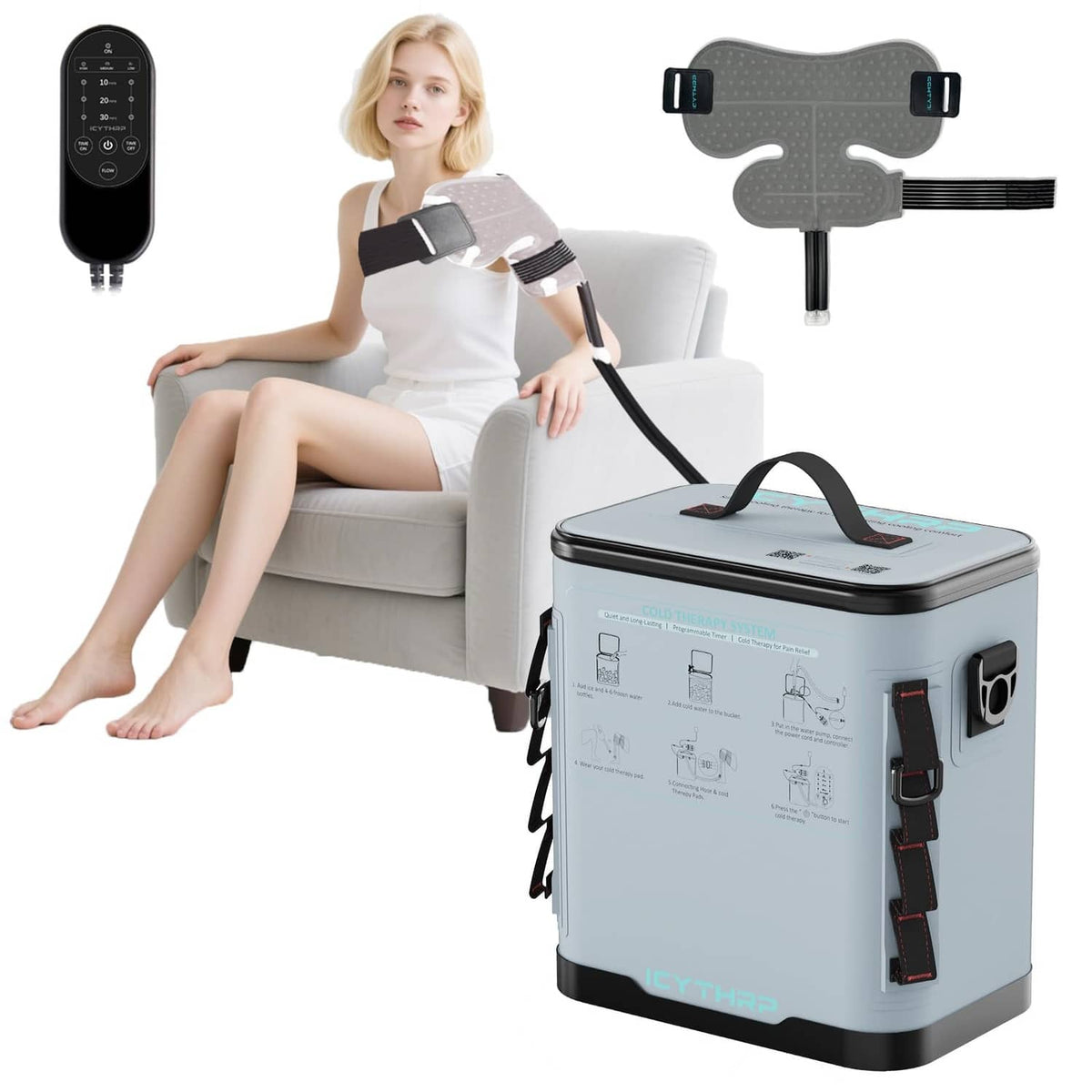 Portable cold therapy machine with shoulder pad and connecting hose, gray
