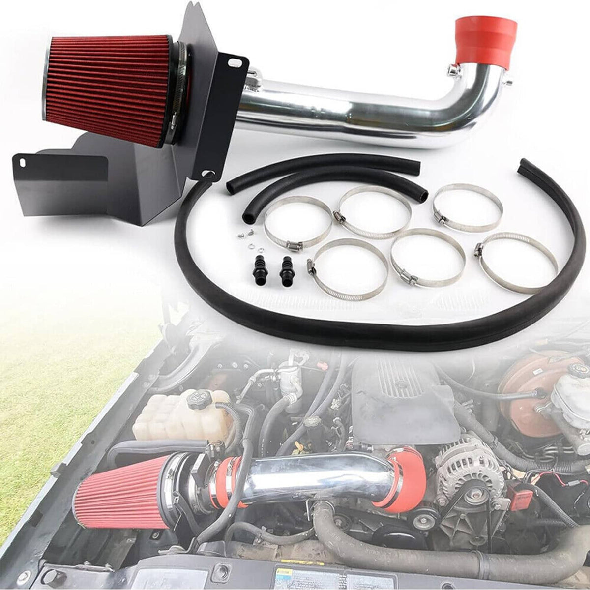 Cold air intake system kit: red cone filter, silver piping, black shield, hoses and clamps