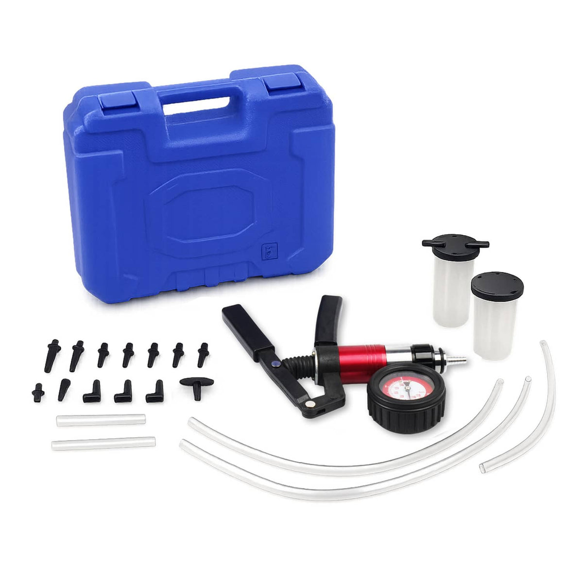 Handheld vacuum pressure pump tester kit with gauge, hoses, fittings, and blue storage case