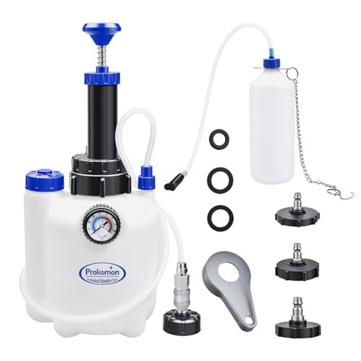 Brake bleeder pump kit with white tank, blue top, O-rings, hose and adapters