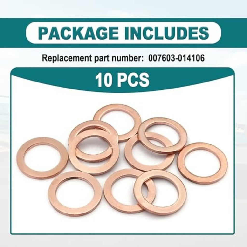 Copper-colored oil drain plug crush washers, 10-pack shown in box