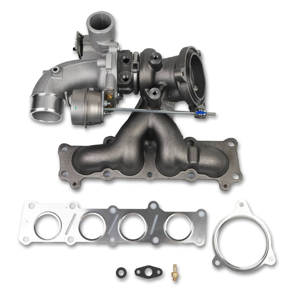 Turbocharger with metal downpipe, black exhaust manifold, and mounting gasket set