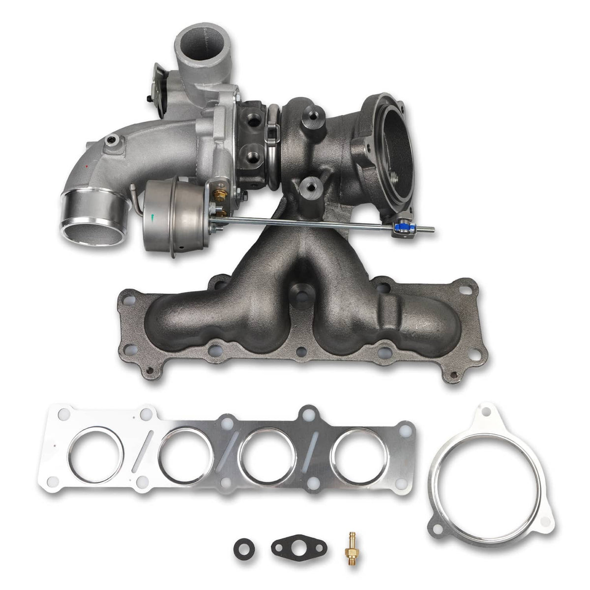 Turbocharger with metal downpipe, black exhaust manifold, and mounting gasket set