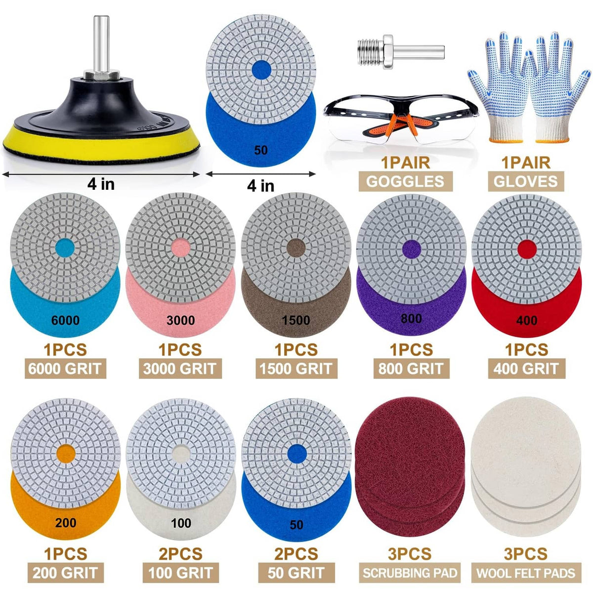 Assorted diamond polishing pad set with round grit discs, wool felt, and scrubbing pads
