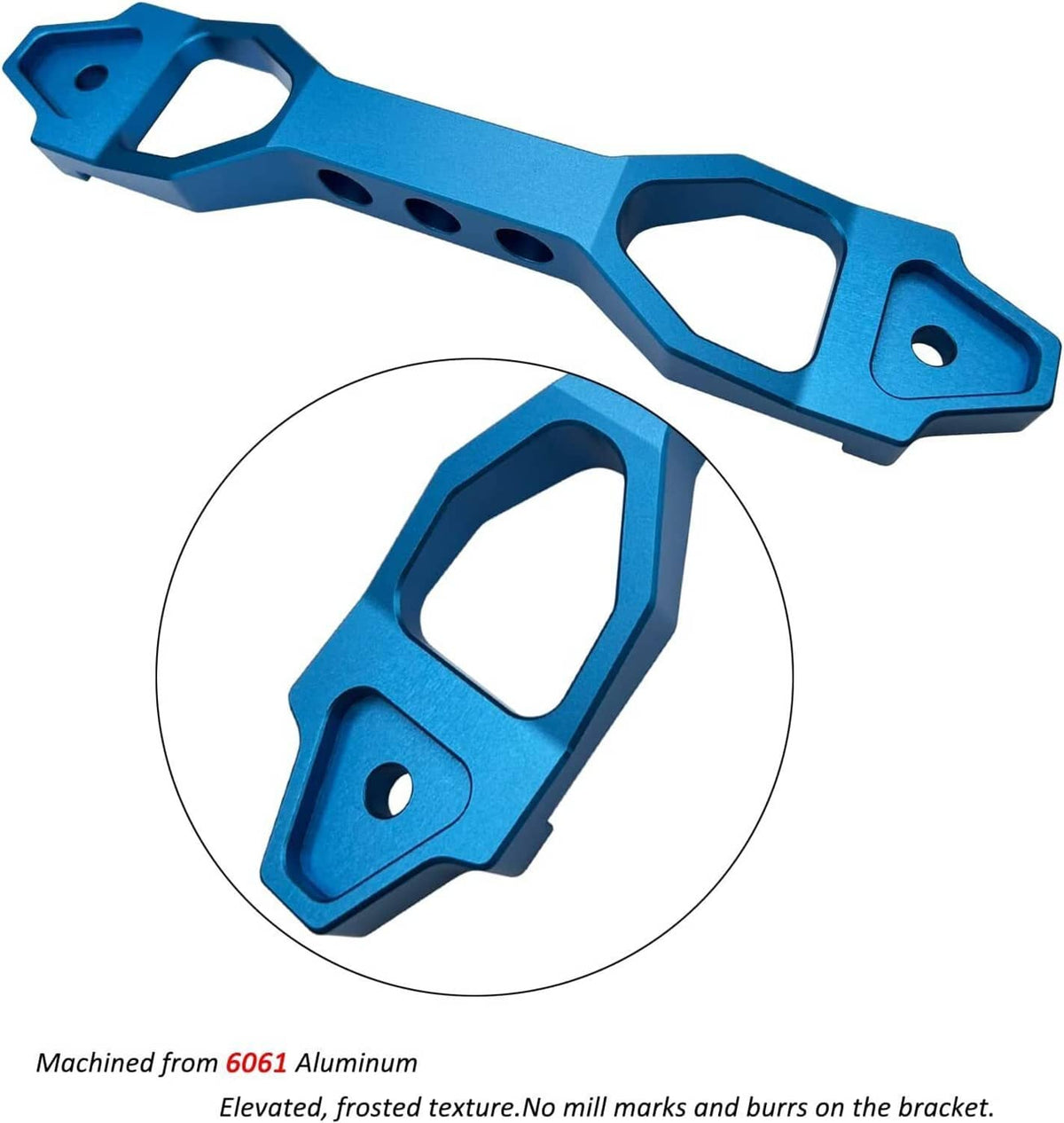 Blue billet aluminum battery tie-down bracket close-up with mounting slot and pin hole