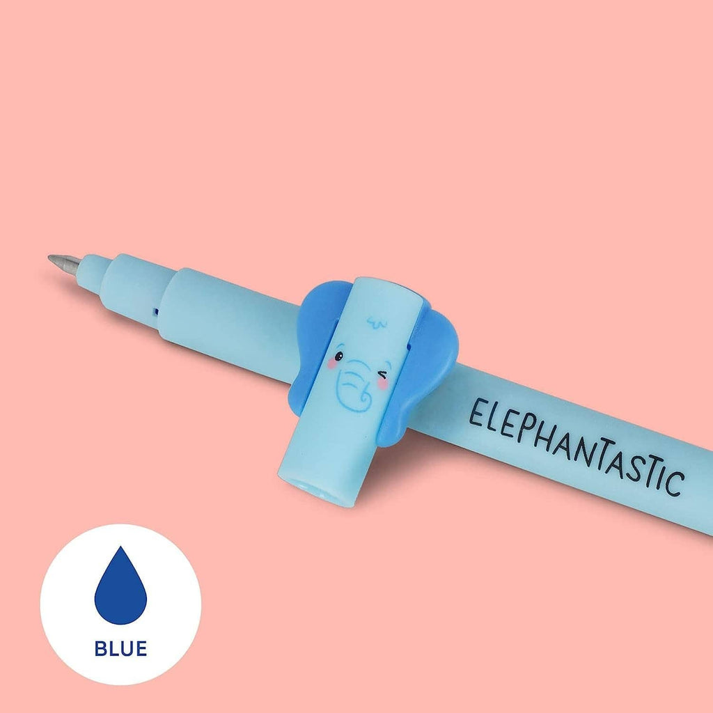 Light blue erasable gel pen with elephant design and BLUE ink droplet icon