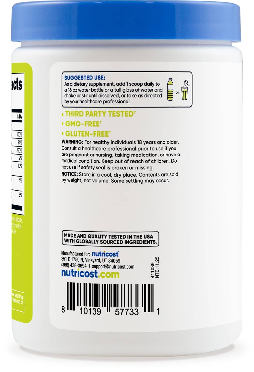 Nutricost electrolytes powder container back label with directions and barcode