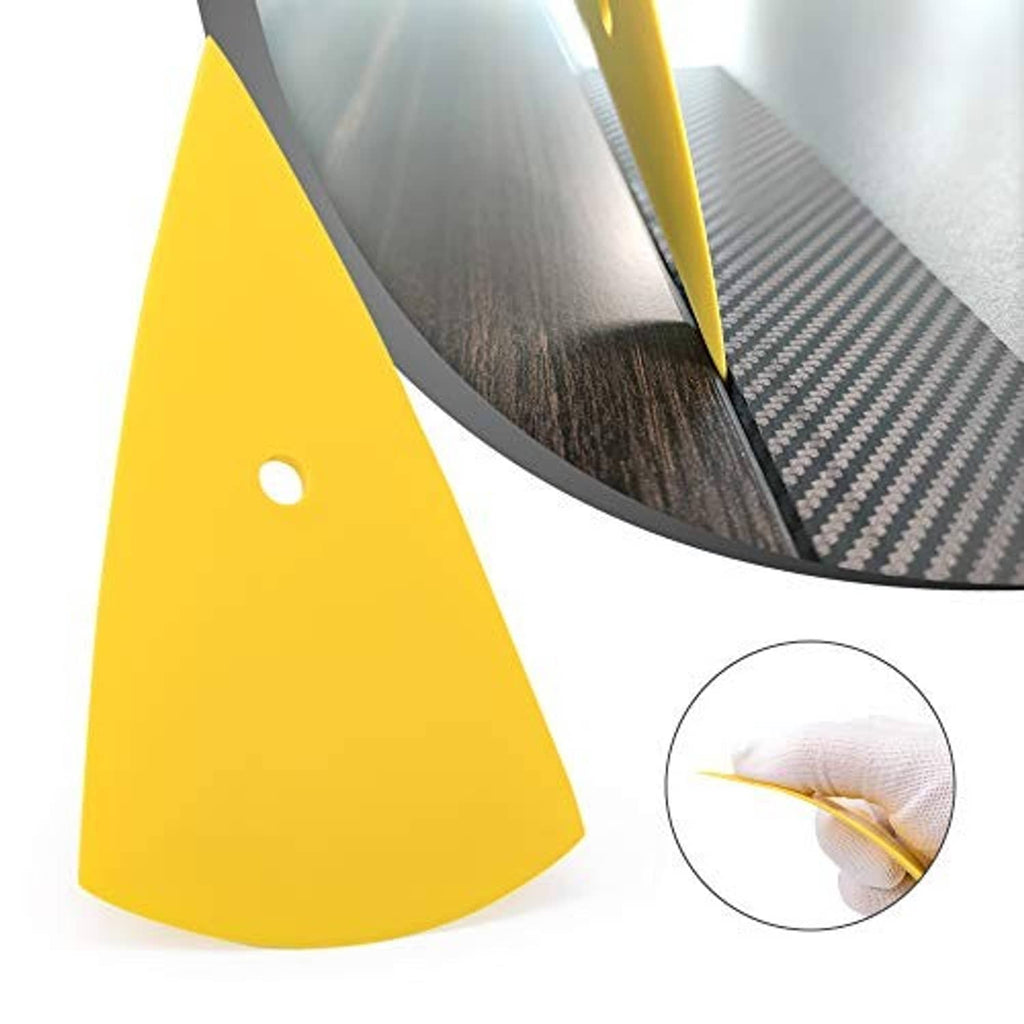 Yellow triangular tint squeegee tool with finger grip hole and close-up smoothing use