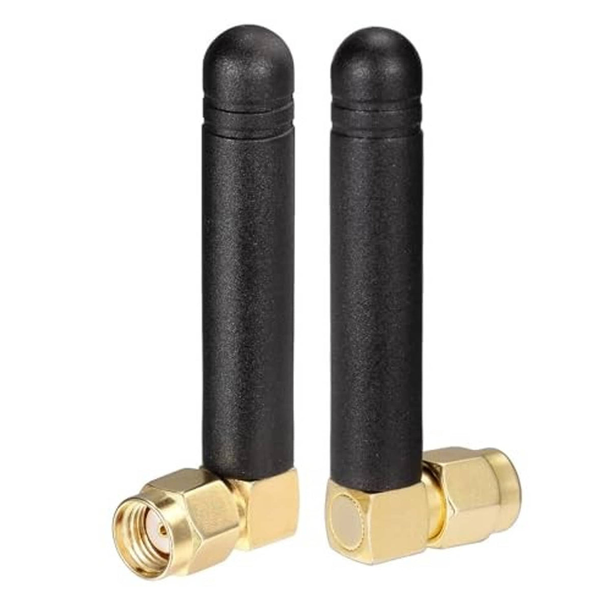 Right-angle RP-SMA male WiFi antenna with two black elements and gold mounting base