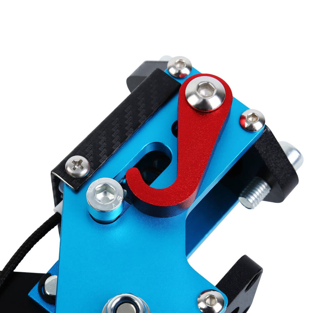 Racing handbrake base with black metal plate, red U-shaped lever, and mounting screws