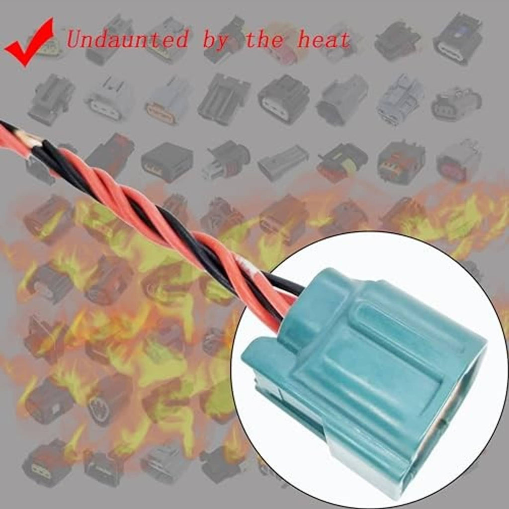 Teal connector plug with red/black wire leads; close-up of the housing