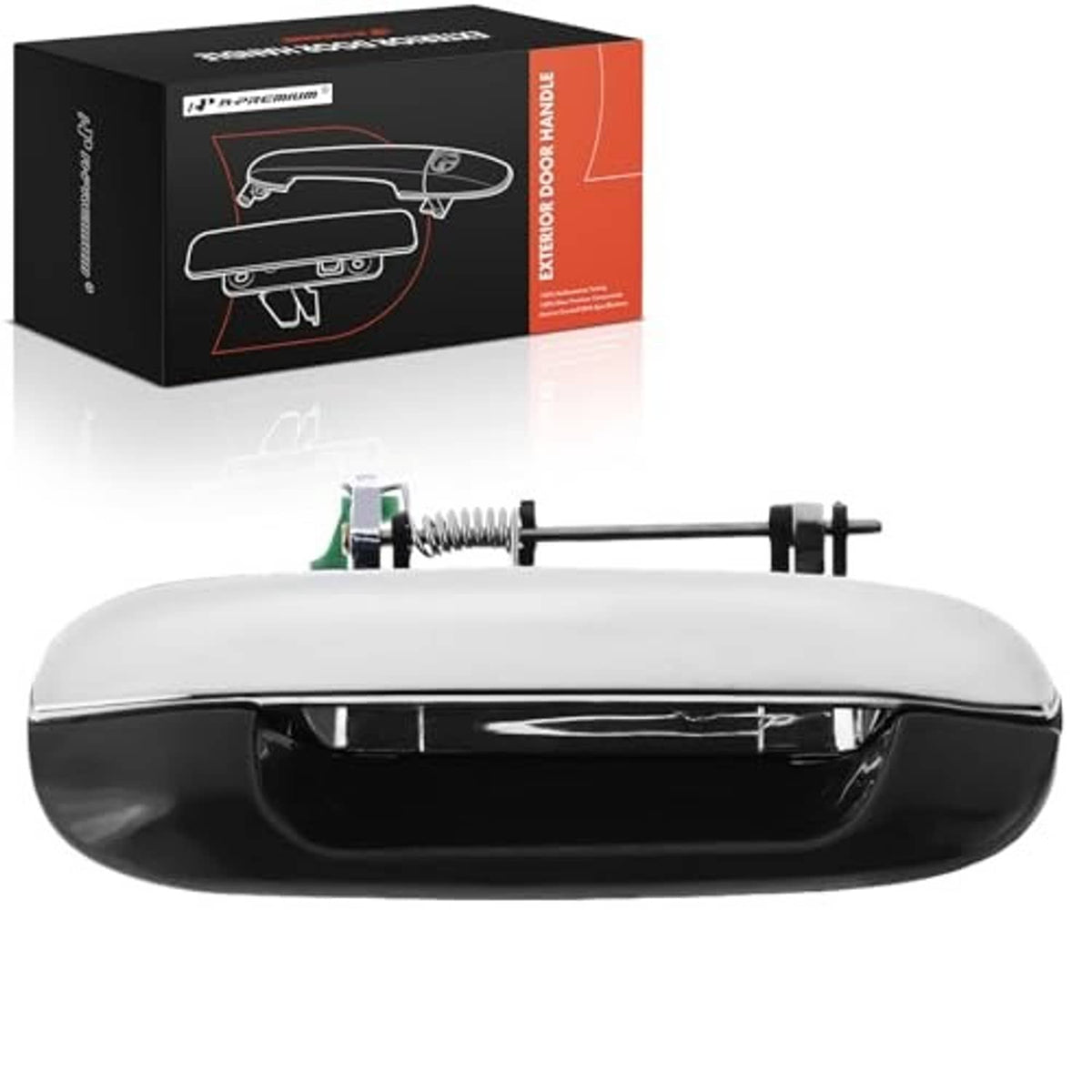 Chrome exterior door handle with black bezel and threaded mounting stud