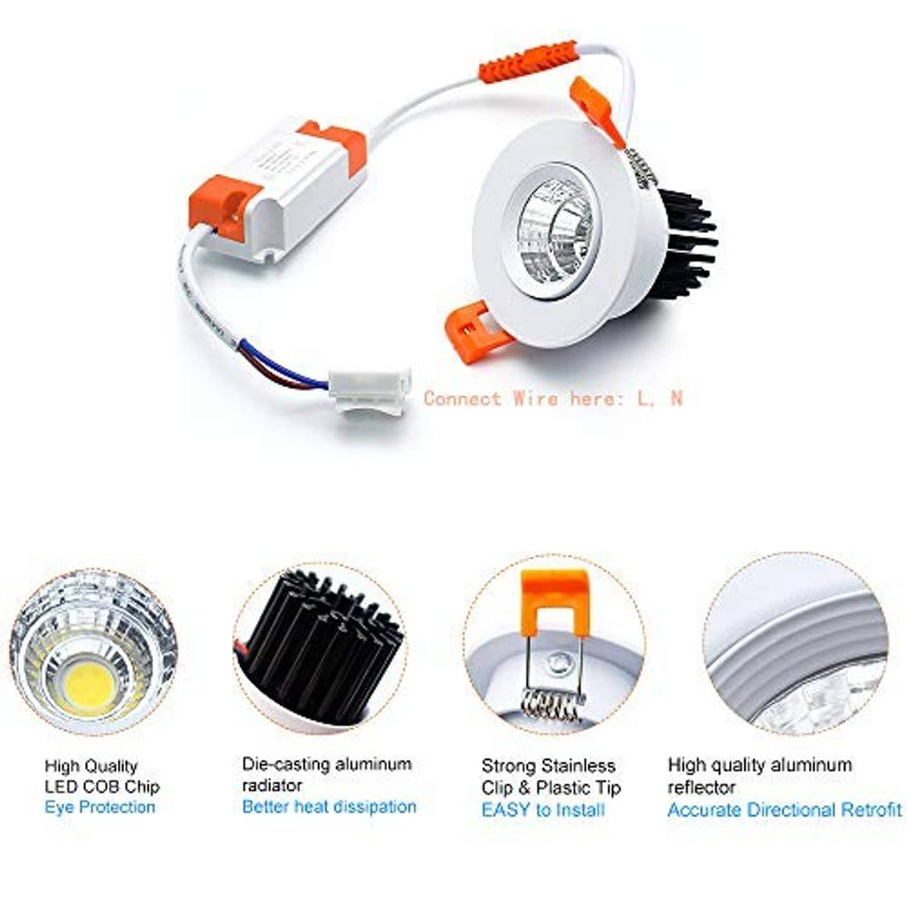 Recessed LED downlight, white trim with orange spring clips and wired driver