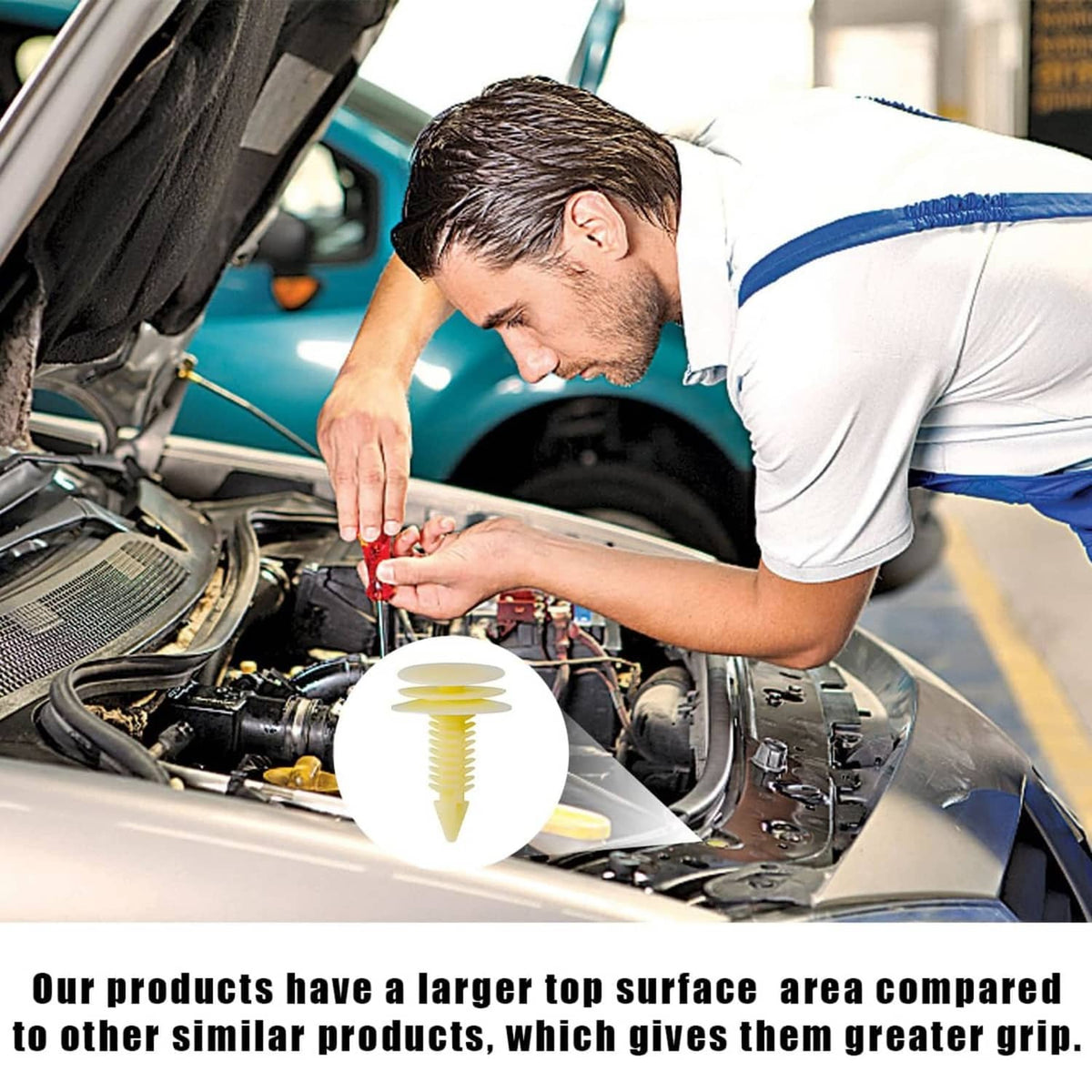 Light-yellow trim retainer clip being pressed into place on a vehicle panel.