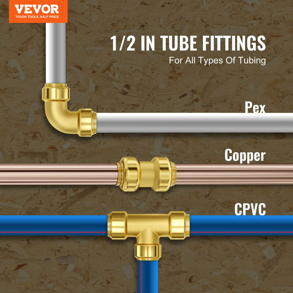 Gold brass 1/2 in tube elbow fitting for push-fit plumbing connections