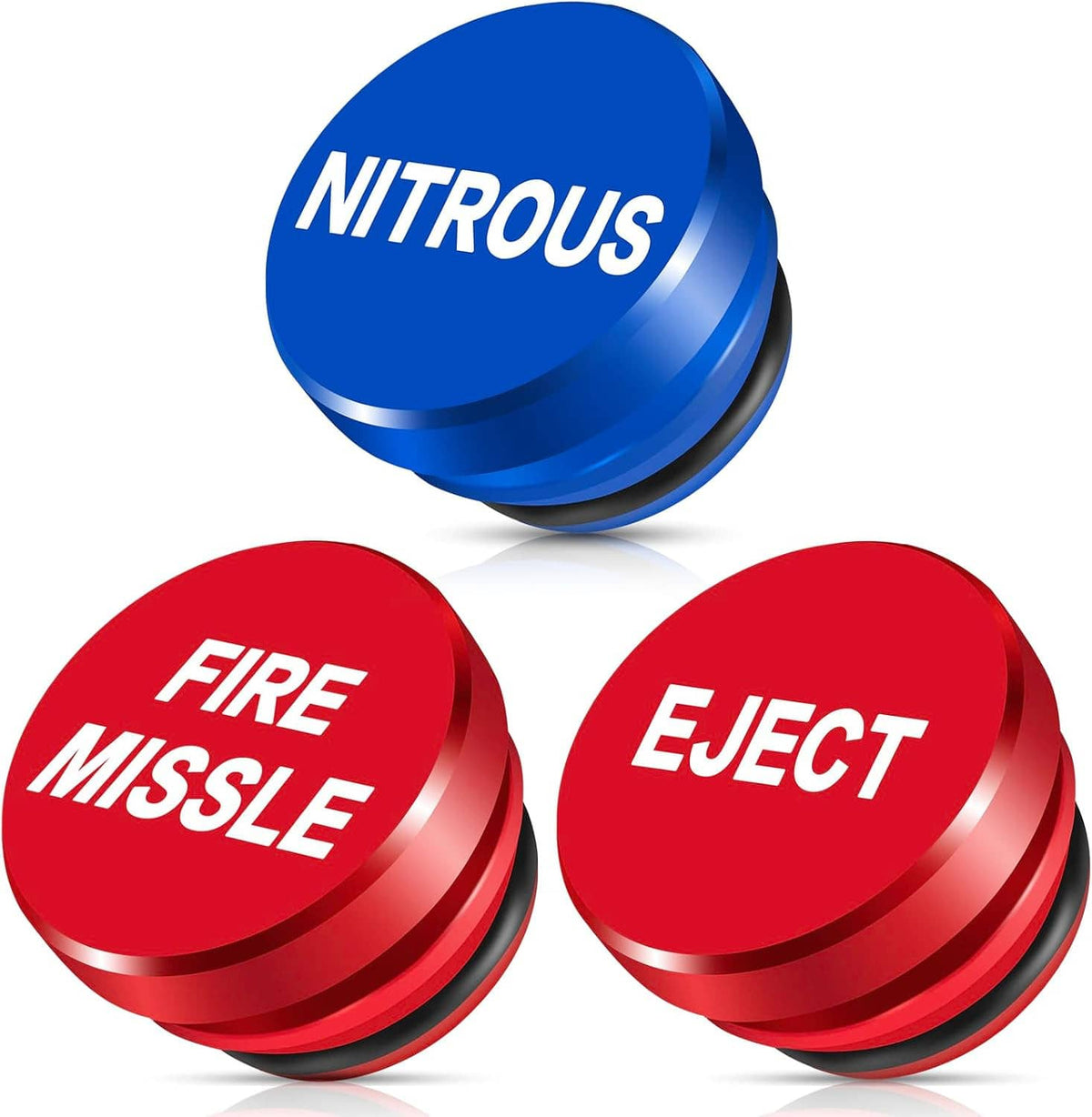 Anodized metal cigarette lighter covers: blue NITROUS and two red FIRE MISSILE/EJECT caps.