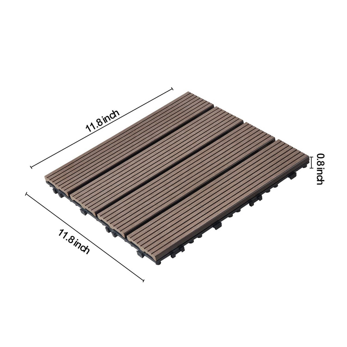 3D view of a single dark brown interlocking deck tile with raised slat texture